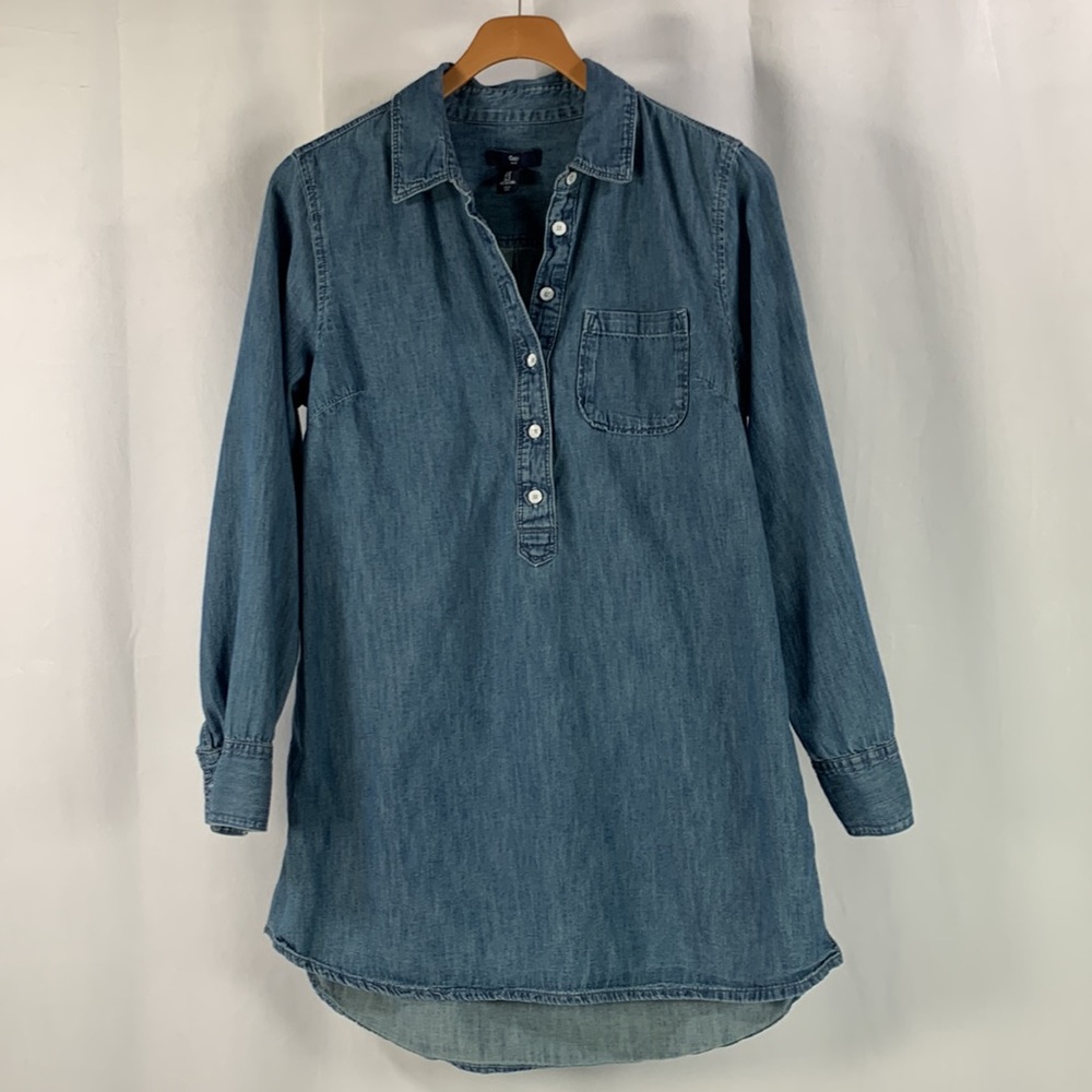 Gap Denim Pullover 1/2 Button Down Long Sleeve Blue Jean Shirt Mini Dress Size S - Picture 13 of 13